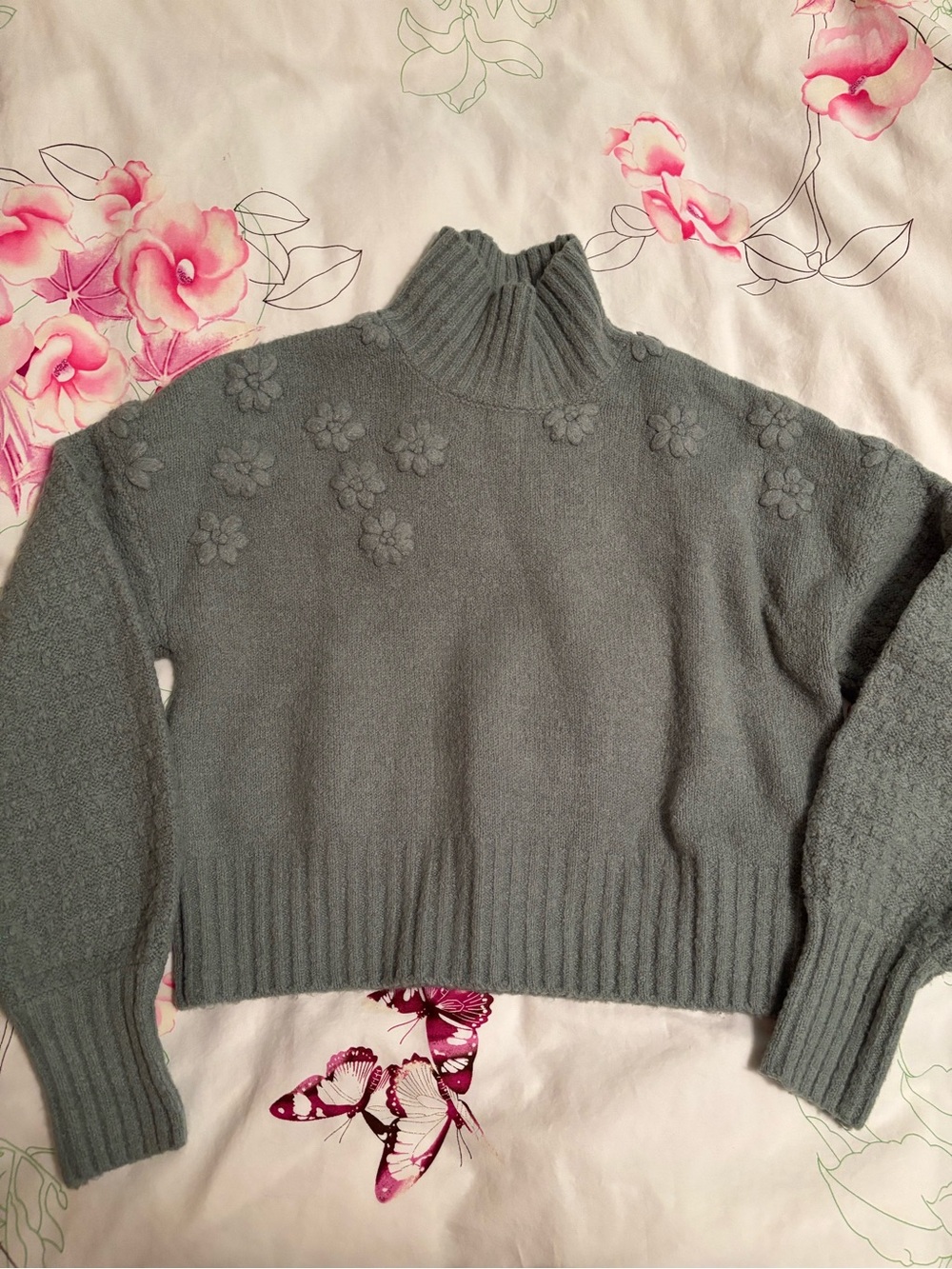 Women's Sage Green Turtleneck Sweater with Floral Appliqué